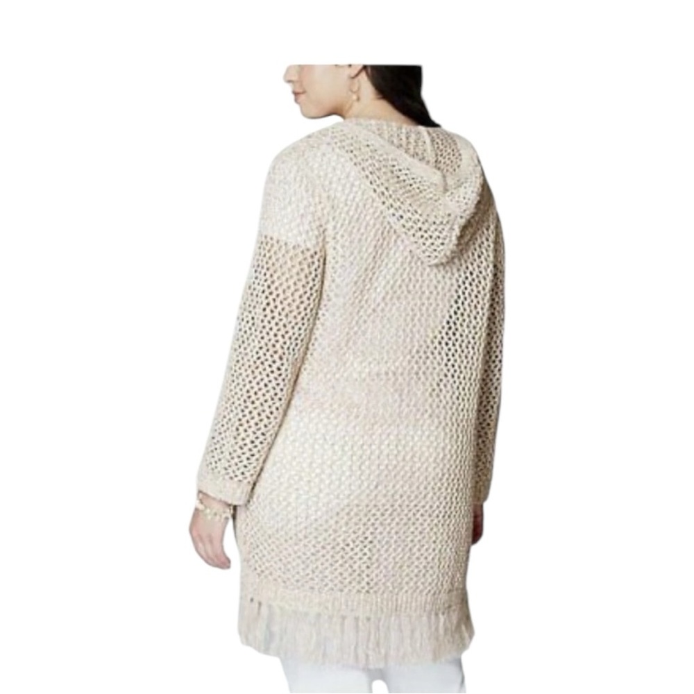 J.Jill Beige Open Flax Knit Fringe Cardigan Sweater Hood Tie Front Size M - Picture 3 of 10
